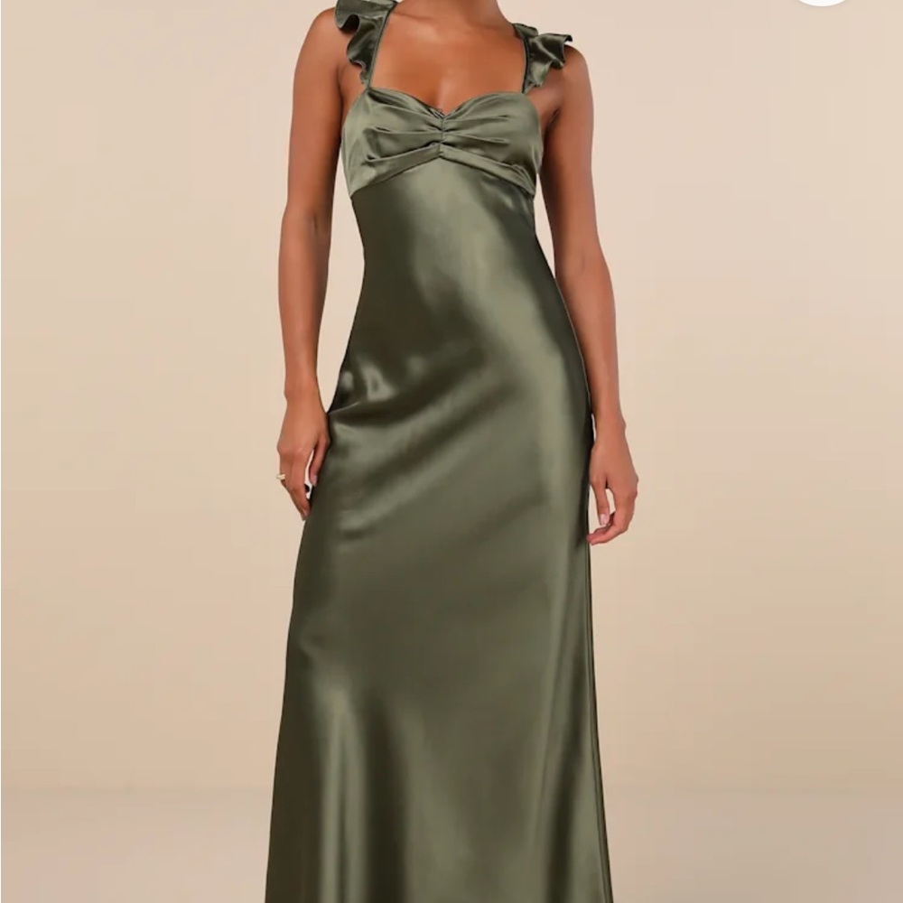 Lulus Olive Satin Ruffle-Strap Maxi Dress